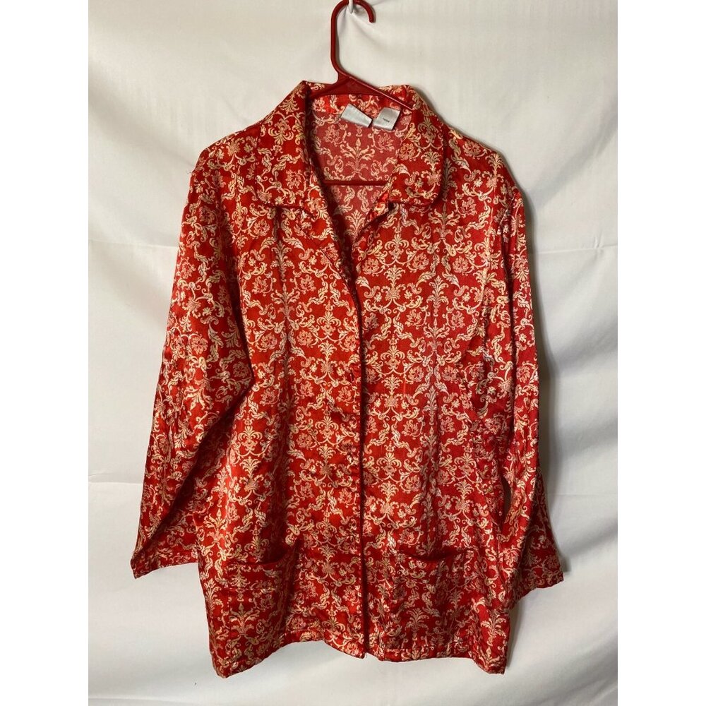 Women’s PJ PAJAMAS TOP Regency Glam Satin LARGE RED PATTERN Asian L